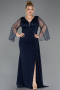 Long Navy Blue Chiffon Plus Size Evening Dress ABU5624