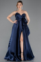 Navy Blue Strapless High Slit Long Satin Graduation Prom Dress ABU4774