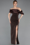 Brown Off Shoulder Satin Drape Slit Evening Gown ABU4024