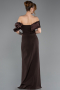 Brown Off Shoulder Satin Drape Slit Evening Gown ABU4024