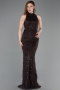 Dark Brown Halter Neck Long Beaded Mermaid Evening Gown ABU4791