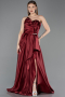 Burgundy Strapless Slit Long Satin Prom Dress ABU4561