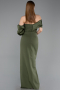 Olive Drab Off Shoulder Satin Drape Slit Evening Gown ABU4024
