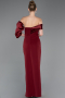 Burgundy Off Shoulder Satin Drape Slit Evening Gown ABU4024
