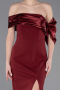 Burgundy Off Shoulder Satin Drape Slit Evening Gown ABU4024