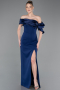 Navy Blue Off Shoulder Satin Drape Slit Evening Gown ABU4024