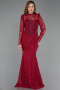 Cherry Colored Long Dantelle Evening Dress ABU5734
