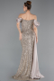 Beige Boat Neck Slit Long Sequined Evening Gown ABU4085