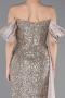 Beige Boat Neck Slit Long Sequined Evening Gown ABU4085