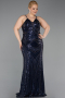 Long Navy Blue Beaded Plus Size Evening Dress ABU6013