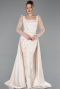 Beige Long Sleeve Stone Embellished Satin Train Evening Dress ABU4603