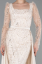 Beige Long Sleeve Stone Embellished Satin Train Evening Dress ABU4603