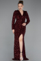 Burgundy Long Sleeve Slit Sequined Evening Gown ABU4329