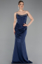 Long Navy Blue Satin Mermaid Evening Gown ABU6109