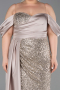 Beige Boat Neck Long Sequined Plus Size Evening Gown ABU4086