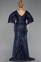 Long Navy Blue Beaded Plus Size Evening Dress ABU6261