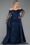 Long Navy Blue Beaded Plus Size Evening Gown ABU6093