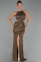 Copper Halter Neck Slit Long Evening Gown ABU4324