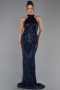 Long Navy Blue Beaded Evening Dress ABU6348