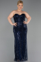 Long Navy Blue Beaded Plus Size Evening Gown ABU6357