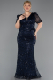 Long Navy Blue Beaded Plus Size Evening Dress ABU6334