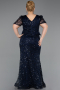 Long Navy Blue Beaded Plus Size Evening Dress ABU6334