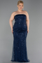 Long Navy Blue Beaded Plus Size Evening Gown ABU6346