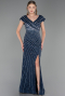 Long Navy Blue Beaded Plus Size Engagement Dress ABU5444