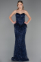 Long Navy Blue Beaded Formal Plus Size Dress ABU6379