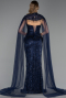 Long Navy Blue Beaded Formal Plus Size Dress ABU6379