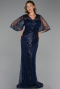 Long Navy Blue Beaded Plus Size Evening Dress ABU6389