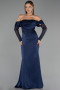 Long Navy Blue Satin Evening Dress ABU6555