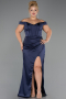 Long Navy Blue Satin Plus Size Evening Gown ABU6577