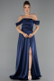 Long Navy Blue Satin Evening Dress ABU6638