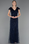 Long Navy Blue Beaded Plus Size Evening Dress ABU6672