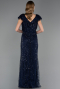 Long Navy Blue Beaded Plus Size Evening Dress ABU6672