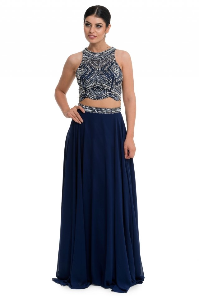 dark blue two piece prom dress La Femme 24599 Long Velvet Two Piece Dress Royal Blue / 0