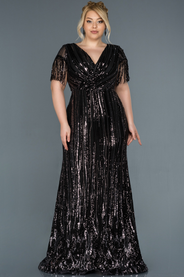 Black-Silver Long Plus Size Evening Dress ABU1321 | Abiyefon.com