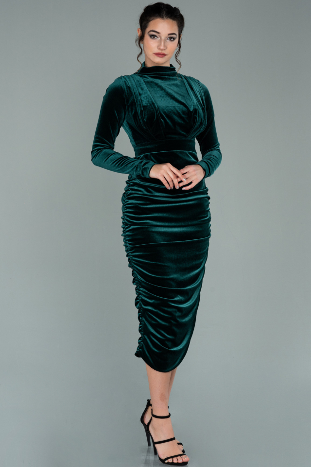 Midi Emerald Green Velvet Evening Dress ABK1180 | Abiyefon.com
