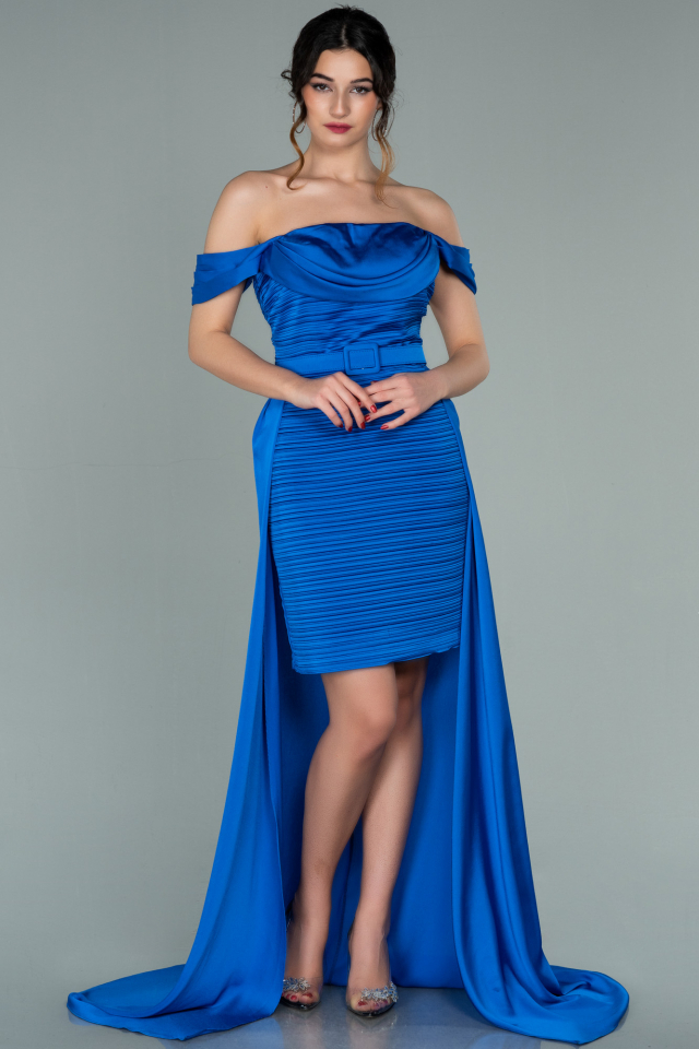 Front Short Back Long Sax Blue Satin Prom Gown ABO075 | Abiyefon.com