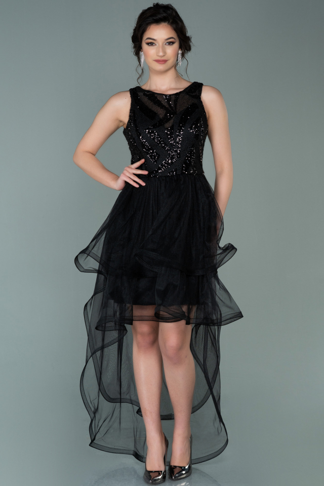 black prom dress short in front long in back Lace Black Prom Dress Short In Front Long In Back Black Lace Short Prom Dress, Hight Low Evening Dress US 14 Black