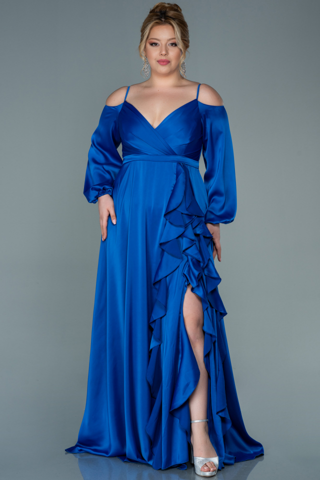 Sax Blue Long Satin Plus Size Evening Dress ABU2358 | Abiyefon.com