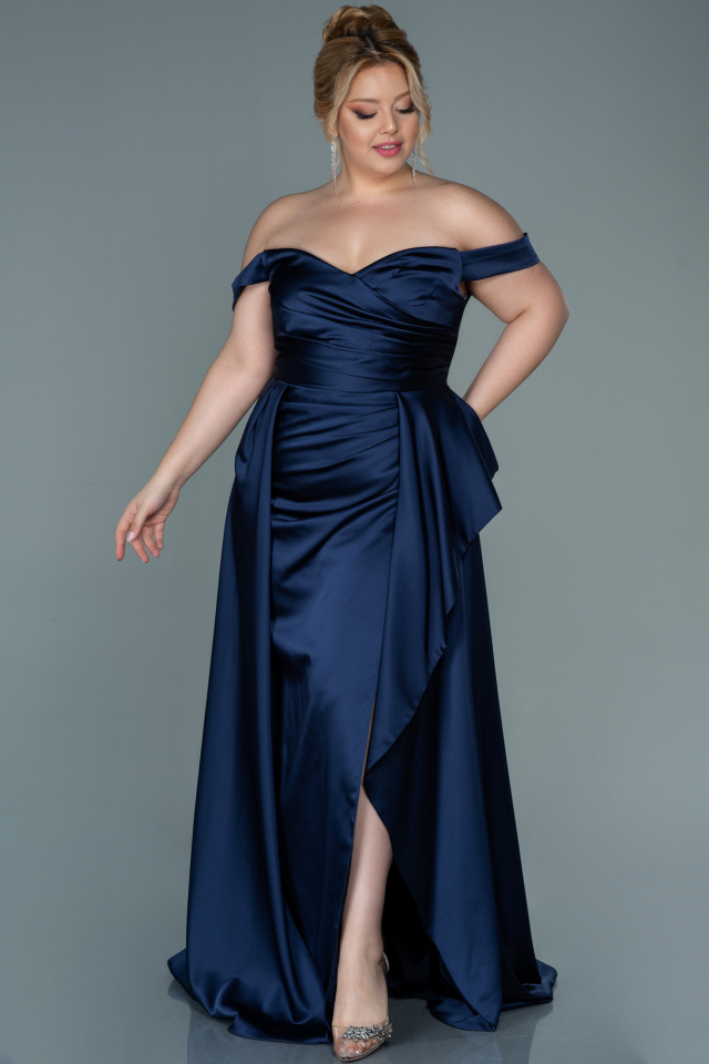 Long Navy Blue Satin Plus Size Evening Dress ABU2670 | Abiyefon.com