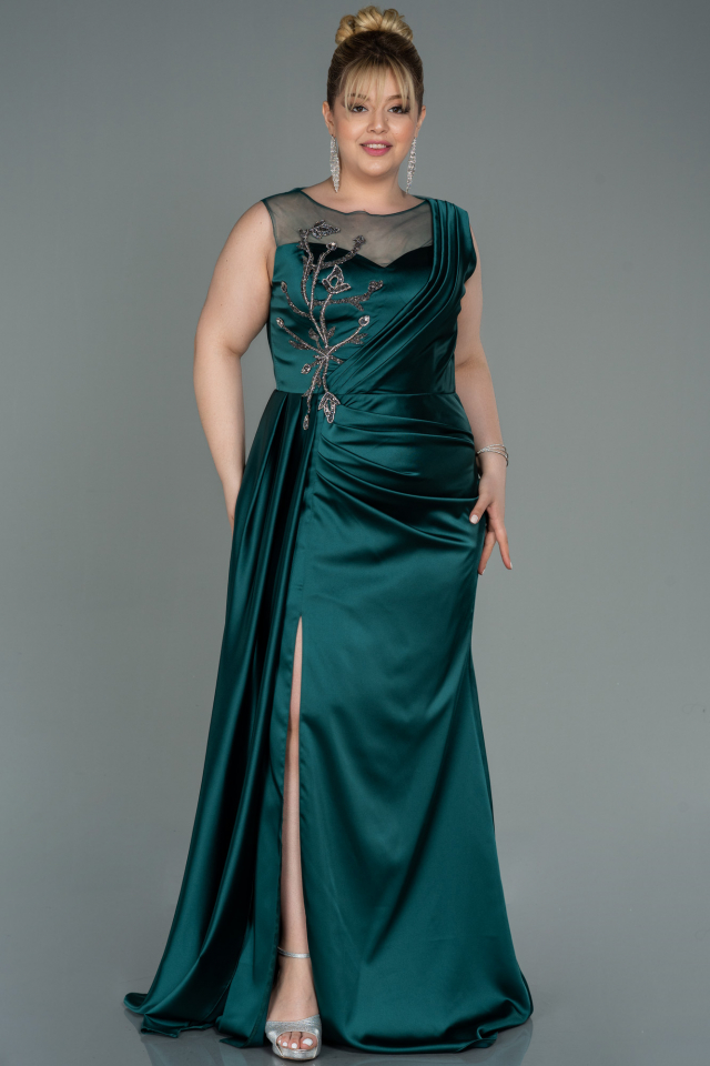 Long Emerald Green Satin Plus Size Evening Dress ABU3125 | Abiyefon.com