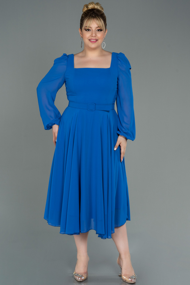 Midi Sax Blue Chiffon Plus Size Evening Dress ABK1753 | Abiyefon.com