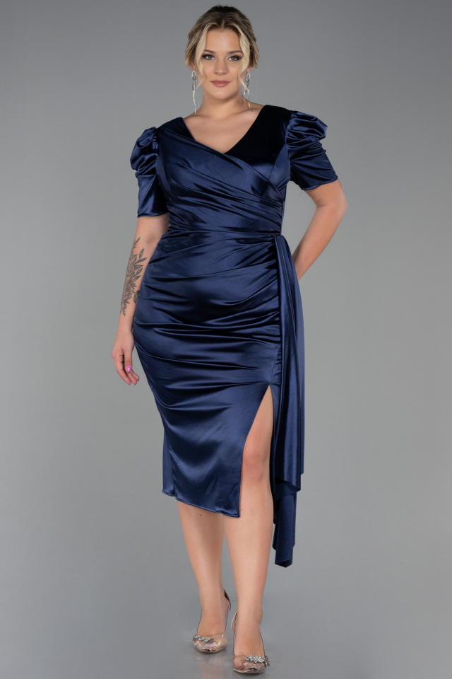 midi navy blue plus size dress Plus Size V Neck Ruffle Midi Dress-Navy Blue, XXL