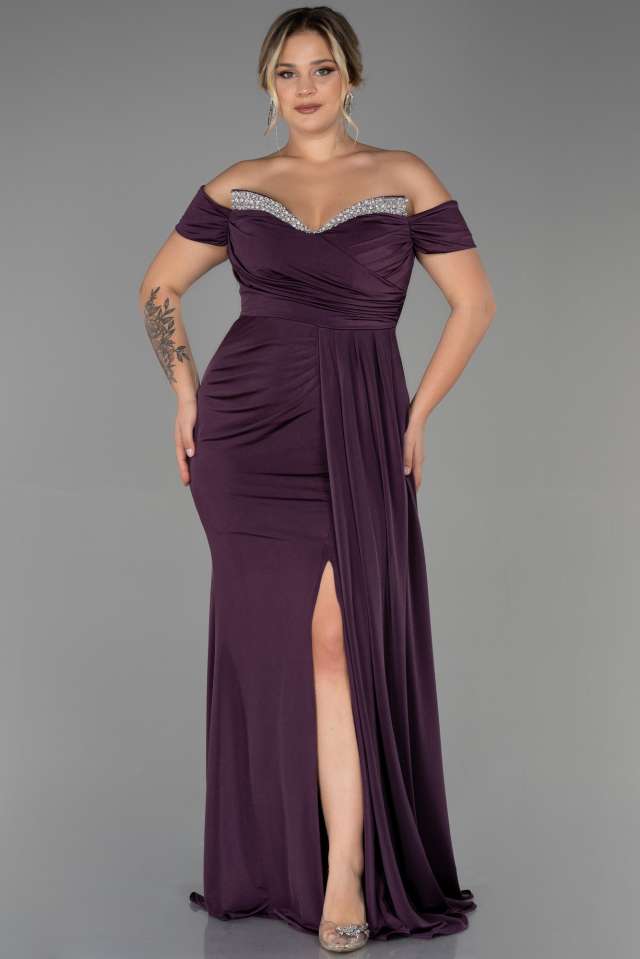 purple plus size evening dresses Design Formal Pleated Bell Sleeve High Waist V Neck Maxi Dresses(Ships 24h) line silhouette is adorned in a floral applique on the bodice trickling down to the tulle skirt Knitee Women's Plus Size Elegant