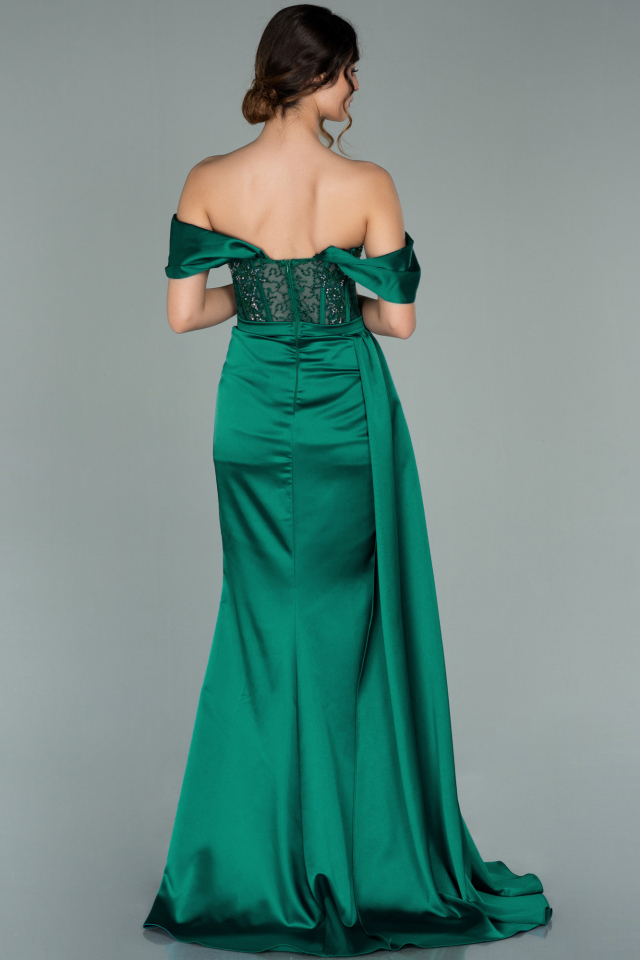 Long Emerald Green Satin Plus Size Evening Dress ABU3236 | Abiyefon.com