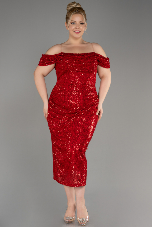 Red Off Shoulder Midi Sequined Plus Size Evening Dress ABK2056 |  Abiyefon.com