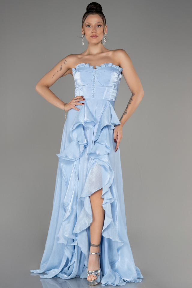Light Blue Strapless Slit Long Chiffon Prom Dress ABU4012 | Abiyefon.com